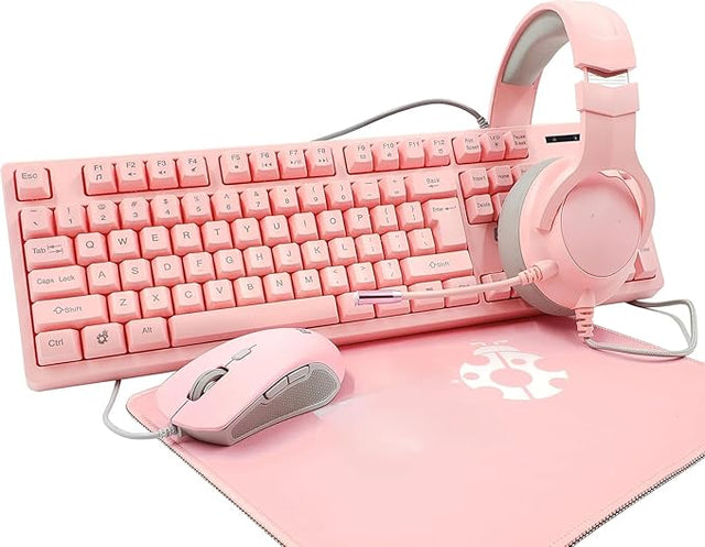 Gaming 4 In 1 Backlit Full Size Keyboard, Mouse, Mouse Pad And Headset Combo. Advanced 26-Key Rollover For Enhanced Command Readings, Compatible With Desktop, Laptop, Pc (Pink) Cm-418PK