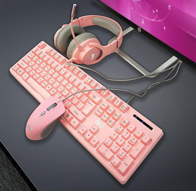 Gaming 4 In 1 Backlit Full Size Keyboard, Mouse, Mouse Pad And Headset Combo. Advanced 26-Key Rollover For Enhanced Command Readings, Compatible With Desktop, Laptop, Pc (Pink) Cm-418PK